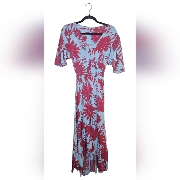 0069 Abel the Label Dress Tropical Blue Pink Floral High Low Midi Flounce XS - Picture 15 of 15